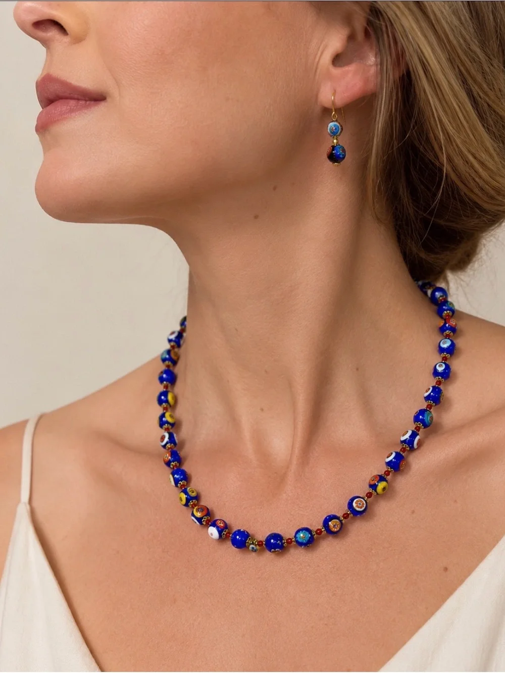 Handmade Blue Millefiori Murano Glass Bead Necklace and Earrings Set Italy